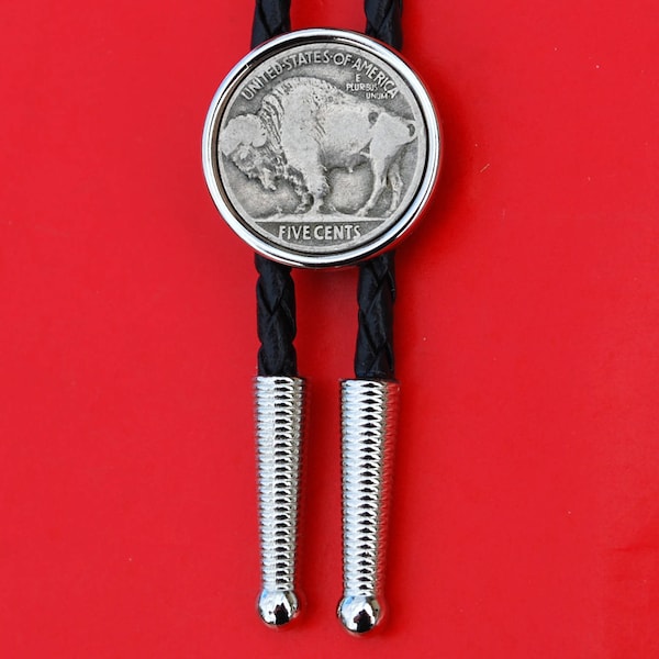 US 1913 ~ 1938 Indian Head Buffalo Nickel 5 Cent Coin Silver Plated Slide 36" Cord Bolo Tie NEW