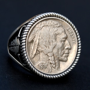US 1936 Indian Head Buffalo Nickel AU Coin 925 Sterling Silver Signet Ring NEW - Buffalo Skull Design