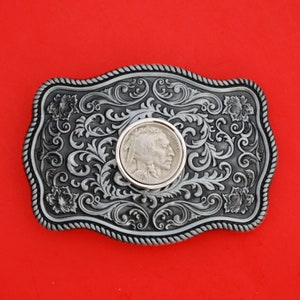 US 1913 ~ 1938 Indian Head Buffalo Nickel 5 Cent Coin Silver Belt Buckle NEW - Beautiful Western Scroll Design