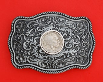 US 1913 ~ 1938 Indian Head Buffalo Nickel 5 Cent Coin Silver Belt Buckle NEW - Beautiful Western Scroll Design