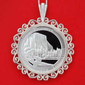 2010 California Yosemite National Park Quarter 90% Silver Proof Coin Solid 925 Sterling Silver Necklace NEW - America the Beautiful