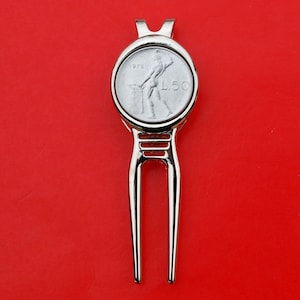 1954 ~ 1989 Italy 50 Lire Coin Golf Ball Marker Silver Divot Tool Money Clip - Vulcan Standing at Anvil