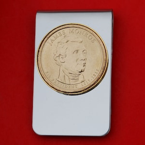 US 2009 Presidential Dollar BU Unc Coin Stainless Steel Gold Silver Two Tone Money Clip NEW - James Monroe ( 1817−1825 Years Served )