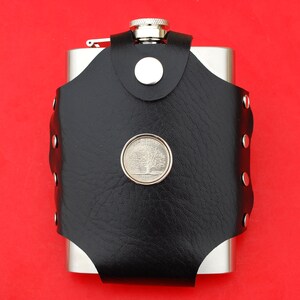 US 1999 State Quarter Coin Black PU Leather Wrapped Stainless Steel Hip Flask - Connecticut, New Jersey, Delaware, Pennsylvania, Georgia