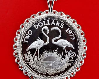 1973 Bahamas 2 Dollars Gem BU Uncirculated Sterling Silver Proof Coin Solid 925 Sterling Silver Necklace NEW - Two Flamingos