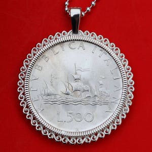 1966 Italie 500 Lire BU Unc 83,5% Pièce d’argent 925 Collier en argent sterling NOUVEAU - Columbus Ships