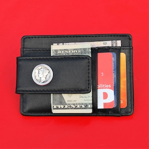 US 1916 ~ 1945 Mercury Dime 90% Silver 10 Cent Coin Genuine Top Quality Full-Grain Black Leather Magnetic Money Clip RFID Blocking Wallet