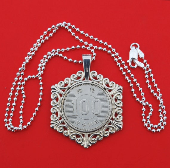 1963 Japan 100 YEN .600 Silver Coin 925 Sterling Silver Necklace