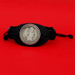 US 1901 ~ 1916 Barber Quarter 90% Silver Coin Genuine Black Leather Cuff Bangle Polsband Armband NIEUW