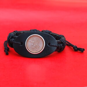1980 Norway 5 Ore BU Uncirculated Coin Genuine Black Leather Cuff Bangle Wristband Bracelet NEW - National Arms