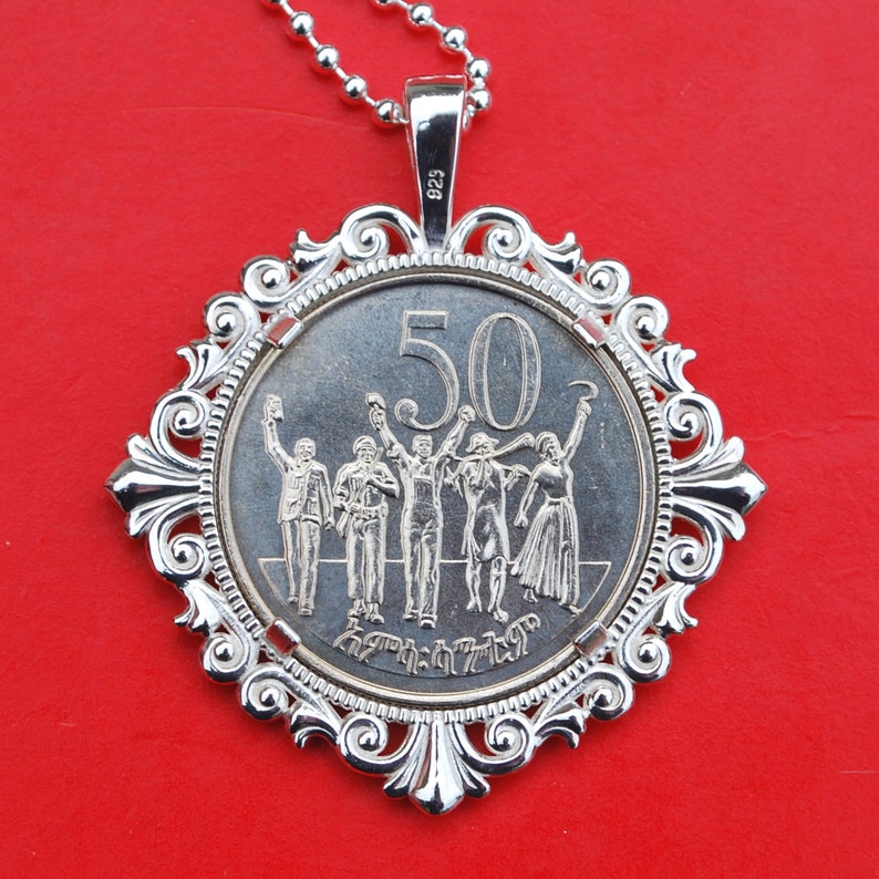Lion 1977 Ethiopia 50 Cents BU Uncirculated Coin Solid 925 Sterling Silver Necklace NEW