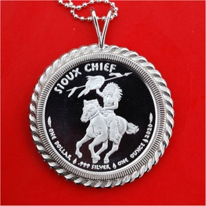 2020 Chief One Ounce .999 Fine Silver Gem BU Uncirculated Proof Coin Solid 925 Sterling Silver Necklace NEW - Sioux Indian War