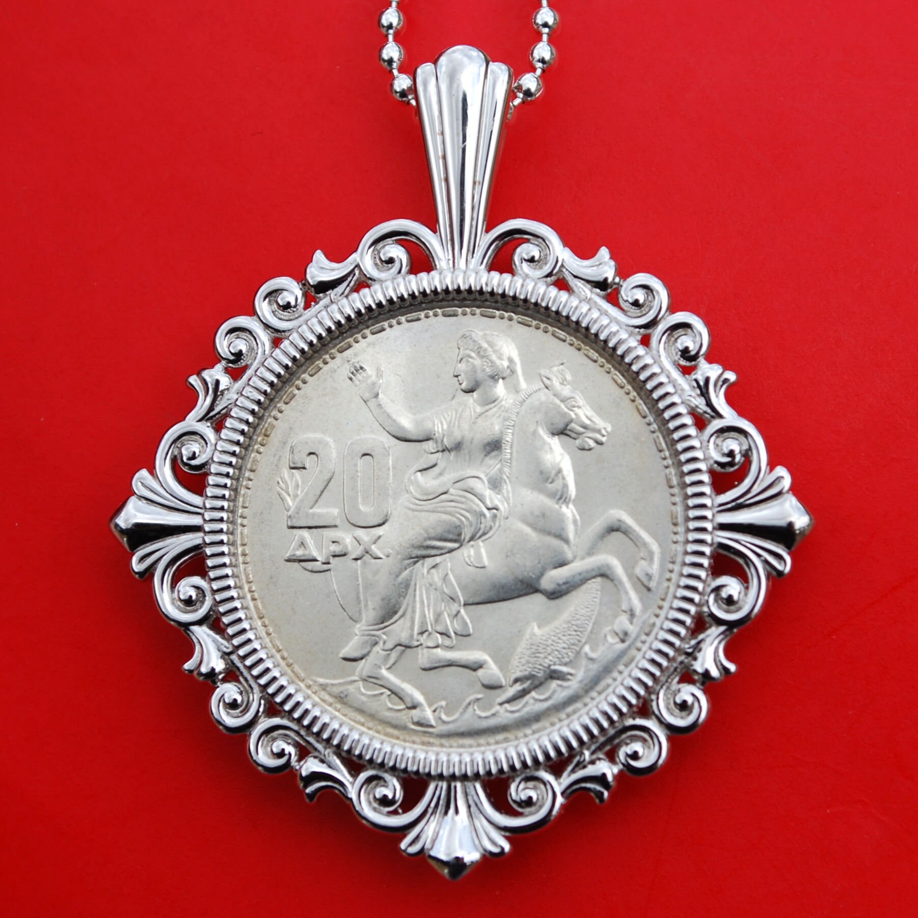Greece Selene Moon Goddess Horse 20 Drachmai Coin Domed Pendant Greek Myth 