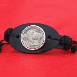 US 1913 ~ 1938 Indian Head Buffalo Nickel 5 Cent Coin Genuine Leather Cuff Bracelet NEW