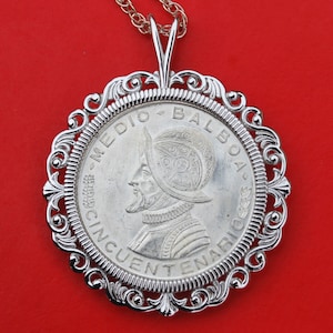 1953 Panama 1/2 Balboa BU Uncirculated Silver Coin Solid 925 Sterling Silver Necklace - Armoured bust with helmet of Vasco Núñez de Balboa