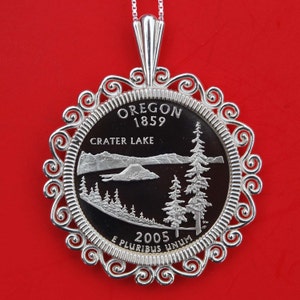 US 2005 Oregon State Quarter 90% Silver Proof Coin Solid 925 Sterling Silver Necklace w. 18&quot; Sterling Silver Chain NEW