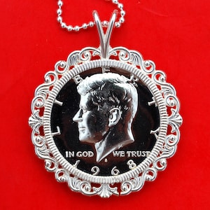 US 1965 ~ 1970 Kennedy Half Dollar Gem Bu Uncirculated 40% Silver Proof Coin 925 Sterling Silver Necklace NEW