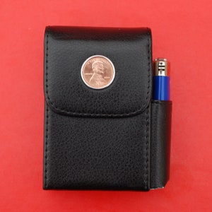 US 2014 ~ 2019 Lincoln Small Cent Coin Black PU Leather Wrapped Stainless Steel Cigarette Case with Pouch Lighter Holder - Lucky Penny