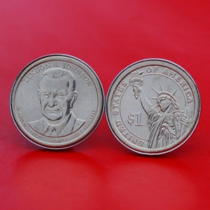 US 2015 Presidential Dollar BU Uncirculated Coin Silver Plated Cufflinks NEW - Lyndon B. Johnson(1963-1969 Years Served)  Obverse  Reverse