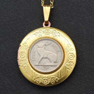 1928~1968 Irish Ireland 3 Pence Coin Solid Brass Locket w. 18&quot; Gold Plated Chain - Lucky Rabbit Hare
