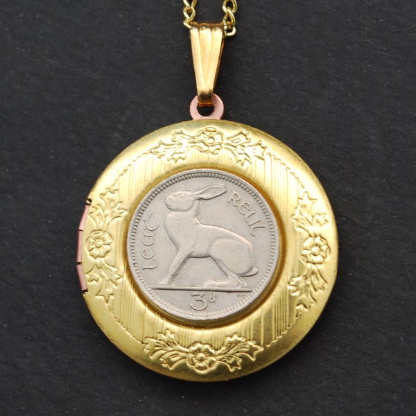1928~1968 Irish Ireland 3 Pence Coin Solid Brass Locket w. 18" Gold Plated Chain - Lucky Rabbit Hare