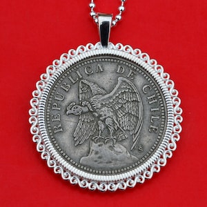 1933 Chile 1 Peso Coin 925 Sterling Silver Necklace NEW - Defiant Condor on Rock