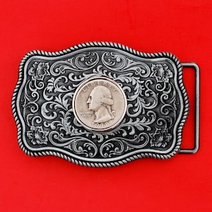 US 1932 ~ 1964 Washington Quarter 90% Silver Coin Silver Tone Belt Buckle NEW - Beautiful Western Scroll Design