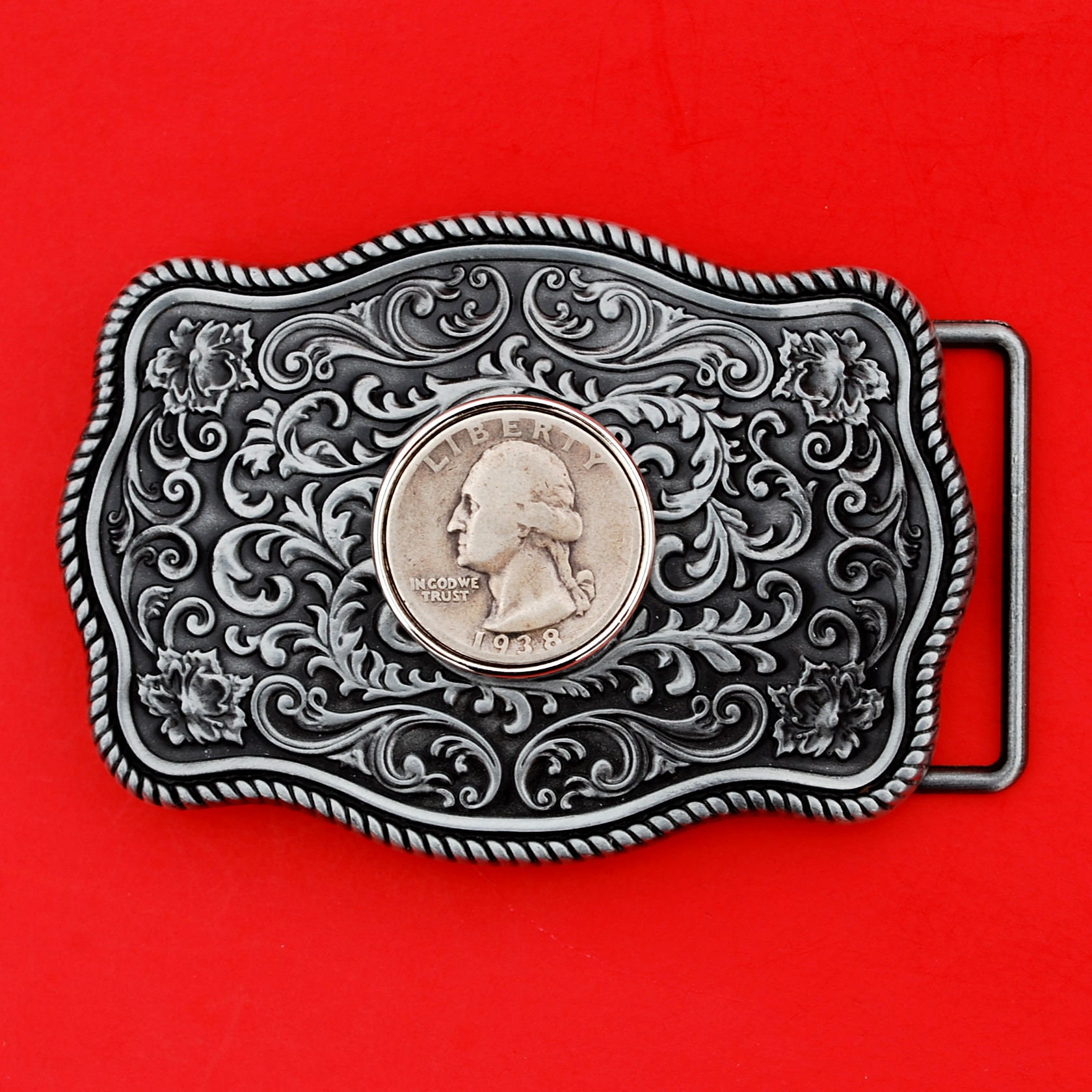 US 1932 ~ 1964 Washington Quarter 90% Silver Coin Silver Tone Belt Buckle NEW - Beautiful Western Scroll Design