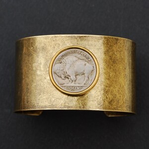 US 1913 ~ 1938 Indian Head Buffalo Nickel 5 Cent Coin Solid Brass Antique Finish Cuff Bracelet