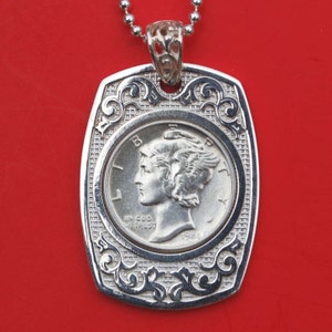 US 1939 ~ 1945  Mercury Dime 90% Silver Coin 925 Sterling Silver Dog Tag Necklace NEW