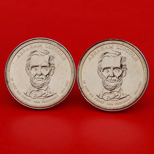 US 2010 Presidential Dollar BU Uncirculated Coin Silver Plated Cufflinks NEW - Abraham Lincoln ( 1861 - 1865 Years Served ) Obverses