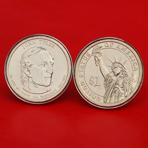 US 2009 Presidential Dollar BU Uncirculated Coin Silver Plated Cufflinks NEW - John Tyler ( 1841−1845 Years Served ) Obverse Reverse