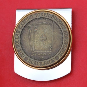 Vintage Binion’s Horseshoe Club Casino 1 Dollar Gaming Token Stainless Steel Large Wide Design Money Clip NEW - Las Vegas, NV - BLACKJACK