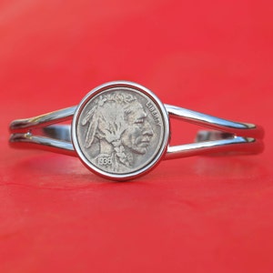 US 1936 Indian Head Buffalo Nickel 5 Cent Coin Silver Plated Cuff Bangle Bracelet NEW