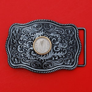 1928 ~ 1968 Irish Ireland 3 Pence Coin Silver Tone Belt Buckle NEW - Beautiful Western Scroll - Harp