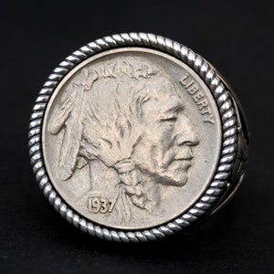 US 1937 Indian Head Buffalo Nickel AU Coin 925 Sterling Silver Signet Ring NEW - Buffalo Skull Design