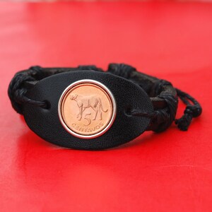 2006 Mozambique 5 Centavos BU Uncirculated Coin Genuine Black Leather Cuff Bangle Wristband Bracelet NEW - - Cheetah