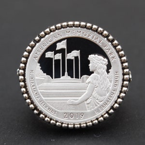 US 2019 N. MARIANA ISLANDS American Memorial Park Quarter 90% Silver Proof Coin 925 Sterling Signet Ring - America the Beautiful