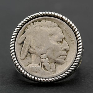 US 1921 Indian Head Buffalo Nickel Coin 925 Sterling Silver Signet Ring NEW - Buffalo Skull Design