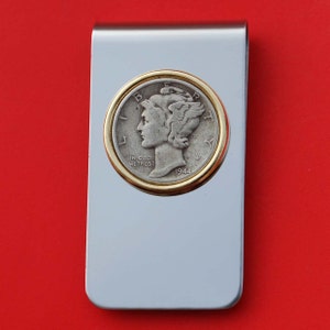 US 1916 ~ 1945 Mercury Dime Silver 10 Cent Coin Gold Silver Two Toned Stainless Steel Money Clip New
