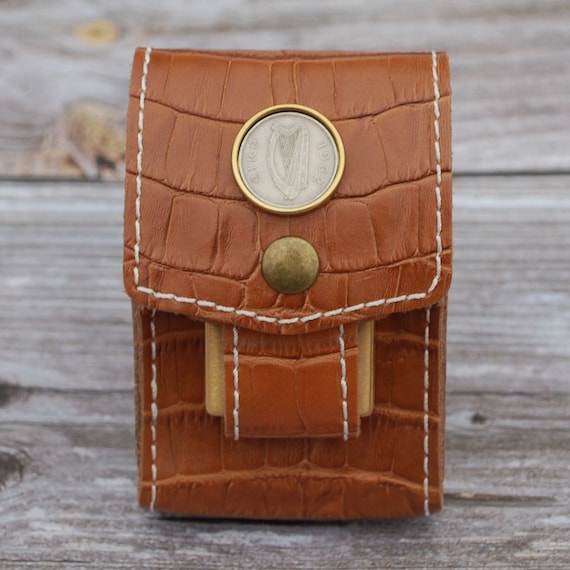 irish cigarette box 1962 Irish Ireland 6 Pence Coin Genuine Leather Cigarette Box Storage Case  With Pouch Lighter Holder - Irish Harp