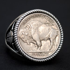 US 1913 - 1938  Indian Head Buffalo Nickel Full Horn AU Coin 925 Sterling Silver Signet Ring NEW - Buffalo Skull