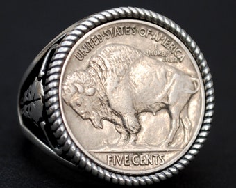 US 1913 - 1938  Indian Head Buffalo Nickel Full Horn AU Coin 925 Sterling Silver Signet Ring NEW - Buffalo Skull