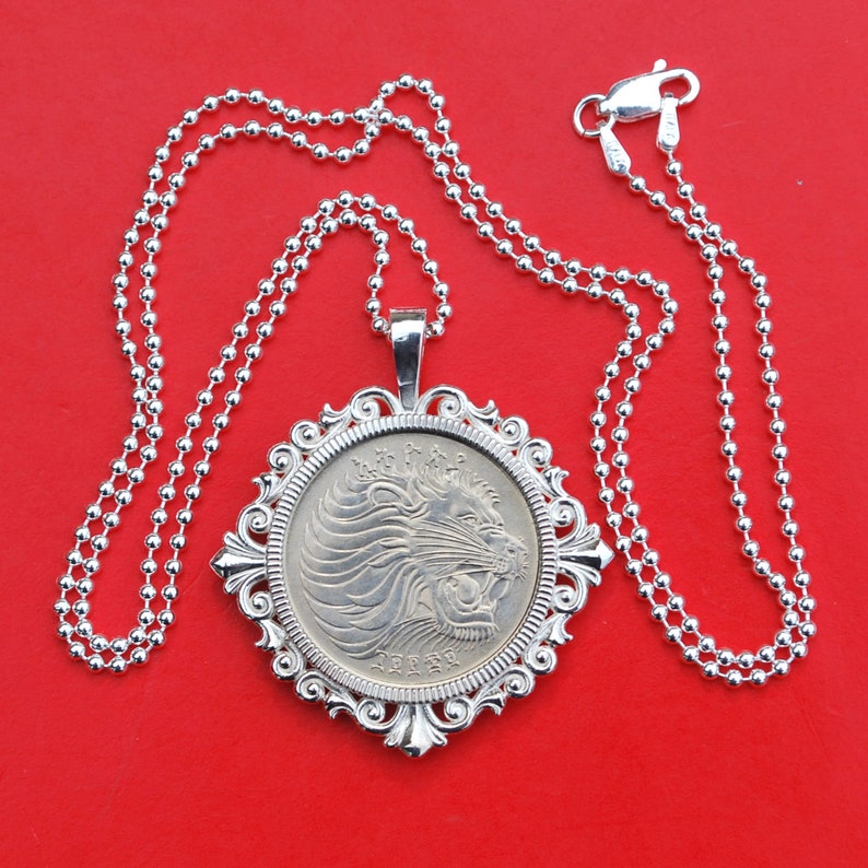 Lion 1977 Ethiopia 50 Cents BU Uncirculated Coin Solid 925 Sterling Silver Necklace NEW