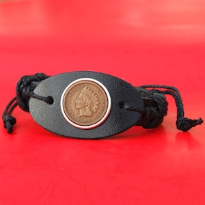 US 1908 Indian Head Small Cent Genuine Black Leather Cuff Bangle Wristband Bracelet NEW - Lucky Penny