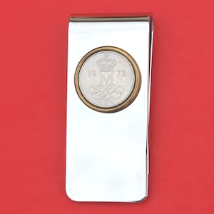 1973 Denmark 10 Ore Uncirculated Coin Solid Brass Money Clip New - Crowned MIIR Monogram