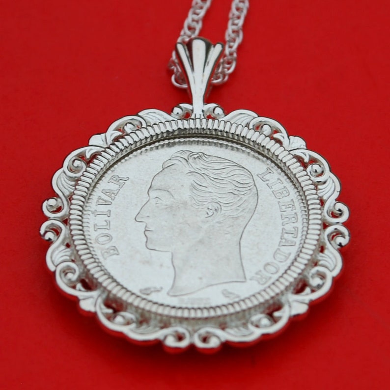 Head of Bolivar 1960 Venezuela 50 Centimos 0.835 Silver BU Unc Coin Soild 925 Sterling Silver Necklace