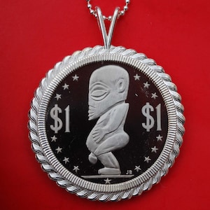 1975 Cook Islands 1 Dollar Gem Proof Coin 925 Sterling Silver Necklace NEW - Tangaroa Polynesian God of Creation