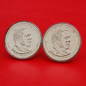 US 2012 Presidential Dollar BU Uncirculated Coin Silver Plated Cufflinks NEW -  Chester A. Arthur ( 1881−1885 Years Served ) Obverses