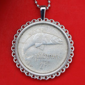 1939 Ireland .750 Silver Florin Coin Solid 925 Sterling Silver Necklace NEW - Salmon Fish